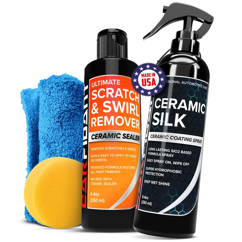 Carfidant Scratch & Swirl Remover with Ceramic Silk - Car Scratch Remover for Vehicles Paint Repair with Ceramic Coating Spray - Polishing & Washing Kits with Applicator Pad & Microfiber Towel - Image 1